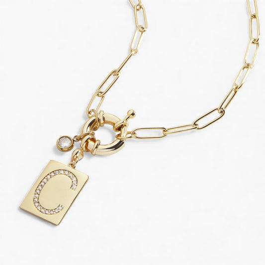 Pave Initial Pendant Necklace with Paperclip Chain
