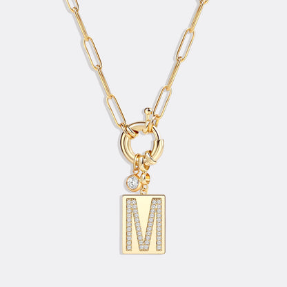 Pave Initial Pendant Necklace with Paperclip Chain
