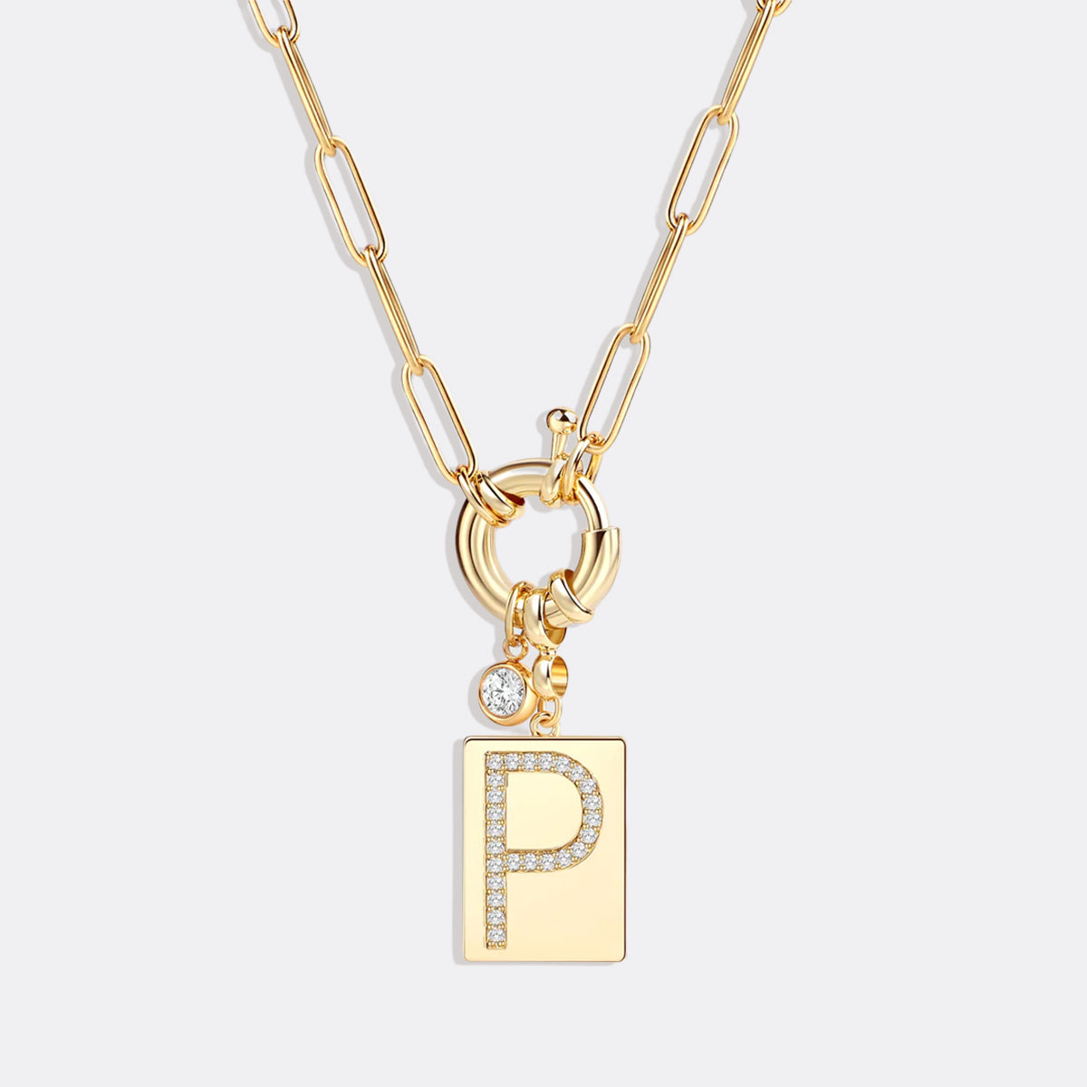 Pave Initial Pendant Necklace with Paperclip Chain