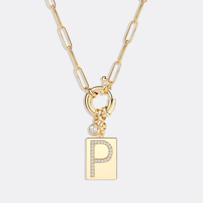 Pave Initial Pendant Necklace with Paperclip Chain