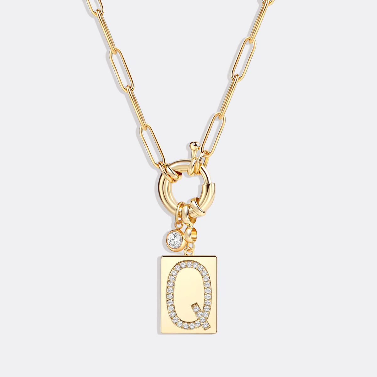 Pave Initial Pendant Necklace with Paperclip Chain