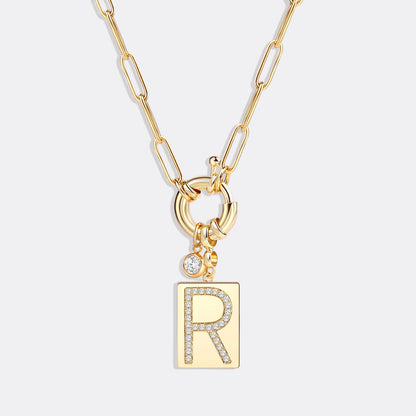 Pave Initial Pendant Necklace with Paperclip Chain