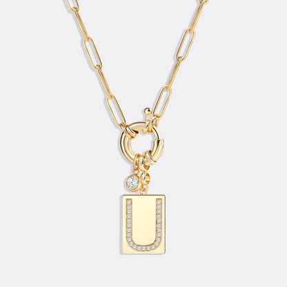 Pave Initial Pendant Necklace with Paperclip Chain