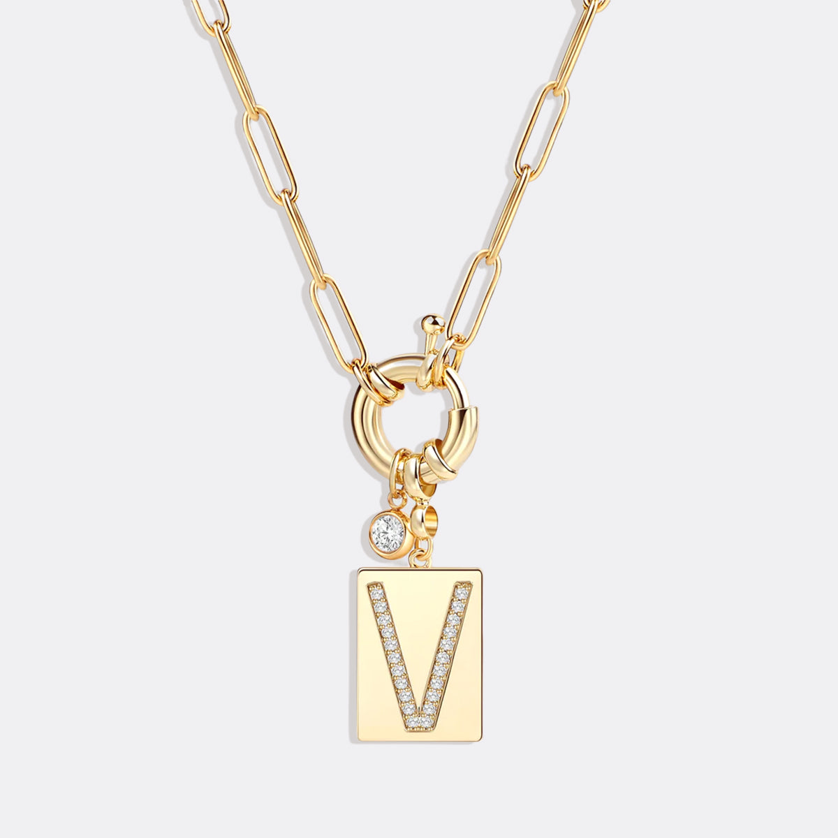 Pave Initial Pendant Necklace with Paperclip Chain