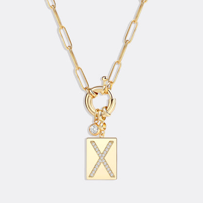 Pave Initial Pendant Necklace with Paperclip Chain