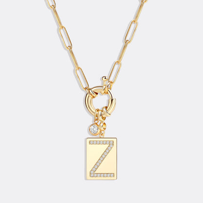 Pave Initial Pendant Necklace with Paperclip Chain
